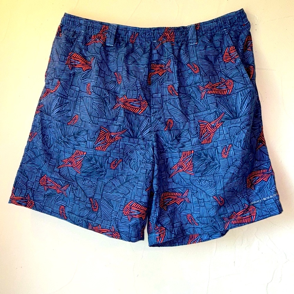 COLUMBIA BLUE & RED GEOMETRIC FISH PATTERN LINED SWIM TRUNKS MENS SZ L
